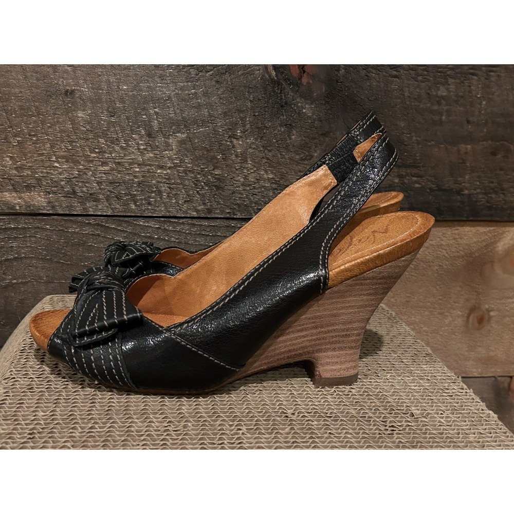 Naya Sandals Women Giada 7 Shoes Black Leather Wedge Bow Slingback Peep Toe‎ EUC